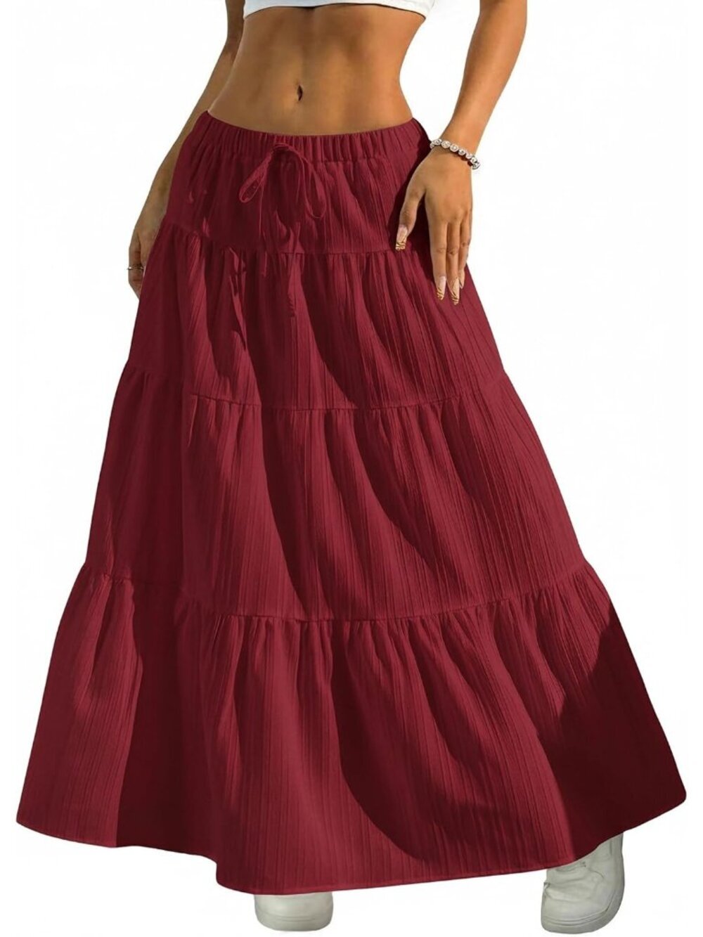 Women's Boho Flowy Red Maxi Skirt Flared Ruffle A Line Spring Long Skirts